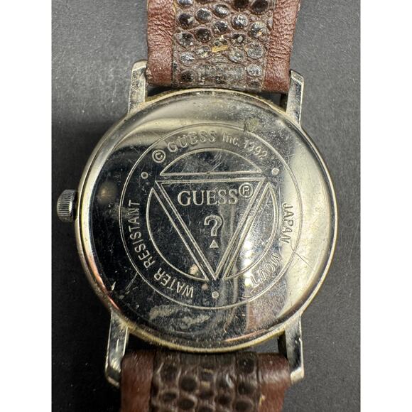 VTG Guess Mother of Pearl Dial Round Silver Tone Case Brown Leather Band Watch main image 4